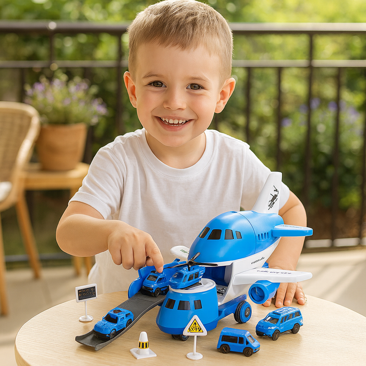 Child handling a blue helicopter on an open blue airplane play set outdoors