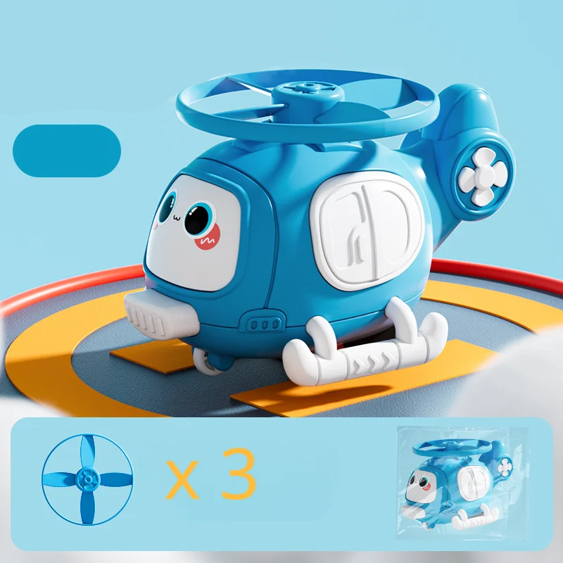 Blue helicopter toy with a graphic showing three matching rotor discs
