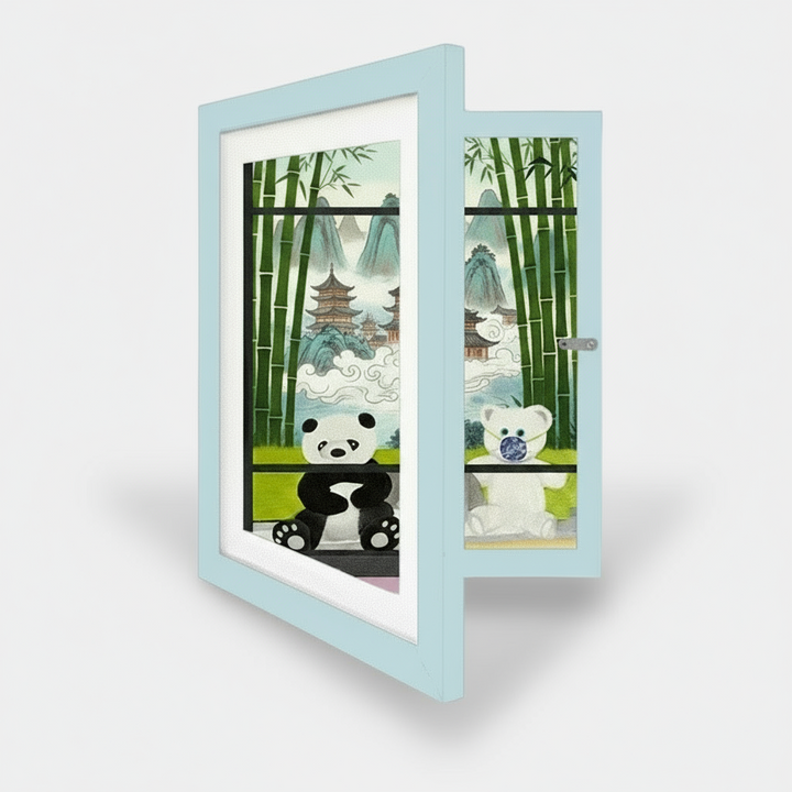Open blue art frame displaying bamboo and panda artwork