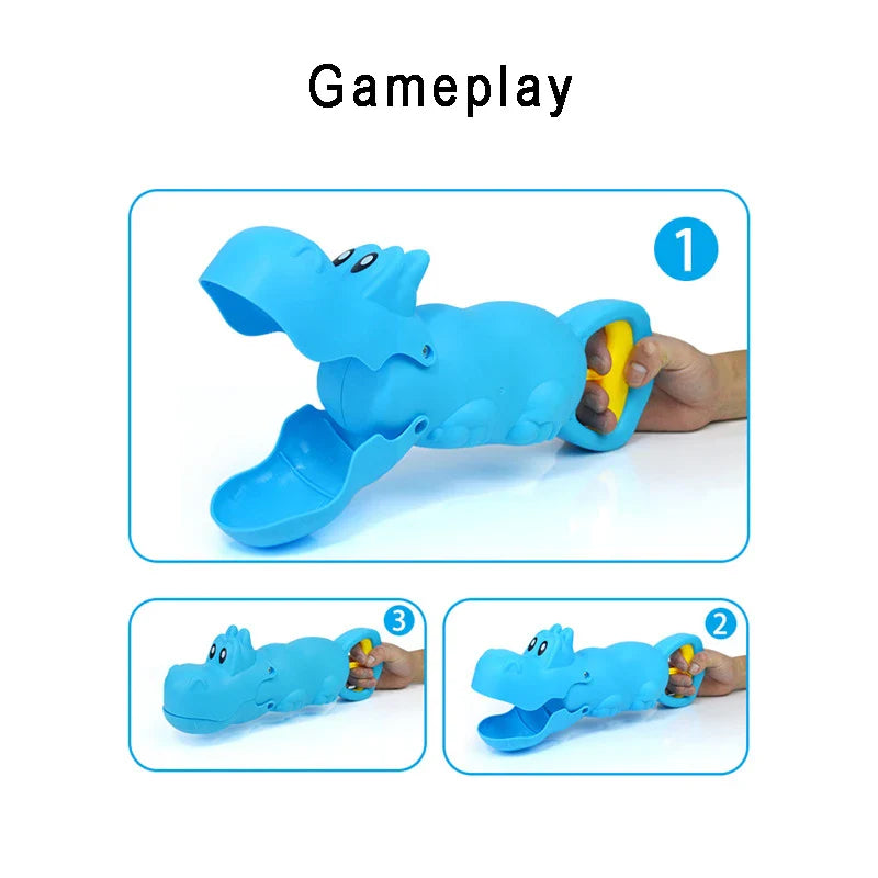 Blue hippo-shaped sand grabber shown with its jaws in three positions