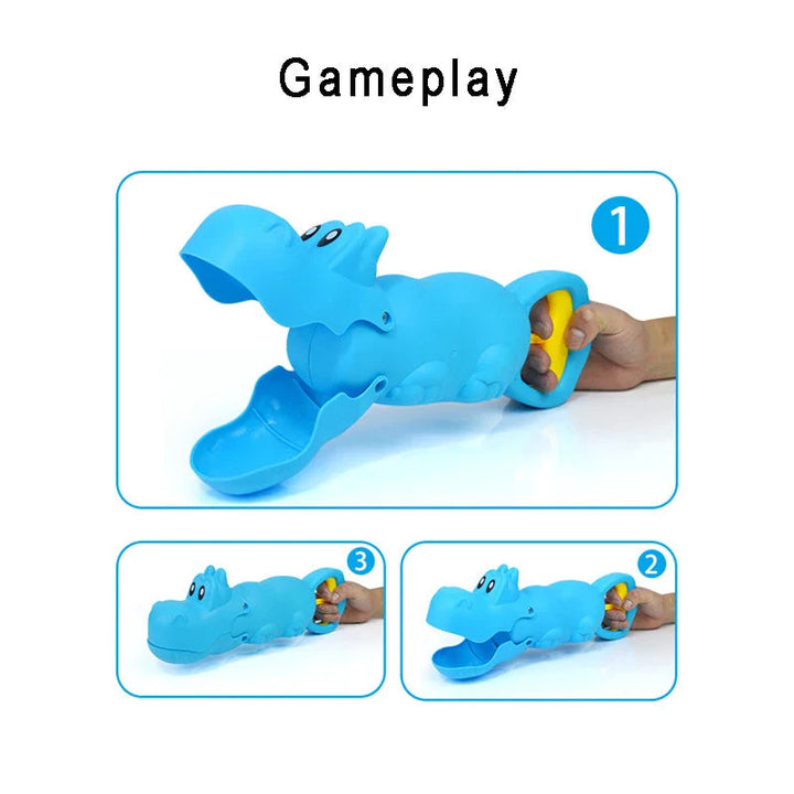 Blue hippo-shaped sand grabber shown with its jaws in three positions