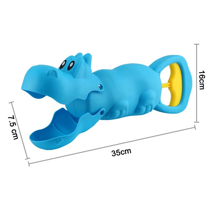 Blue hippo-shaped sand grabber measuring 35 x 16 x 7.5 cm