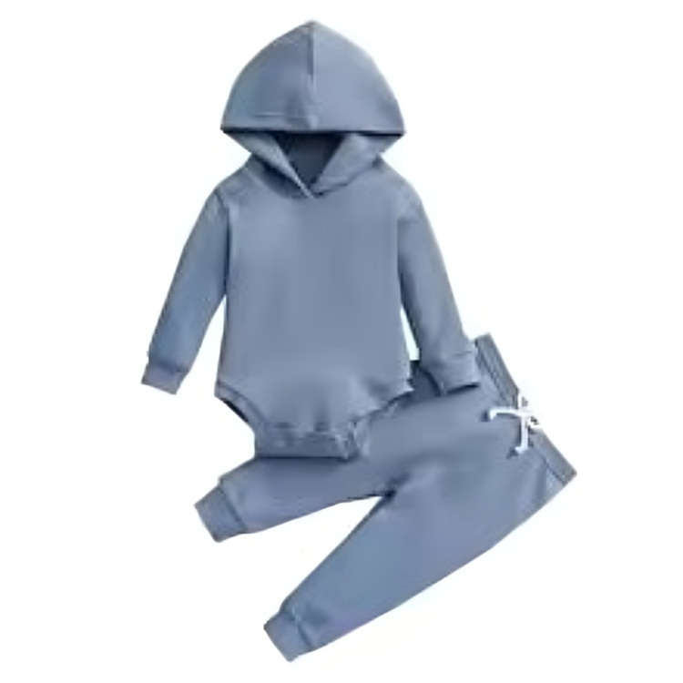 Blue baby outfit with a hooded long-sleeve bodysuit and matching pants