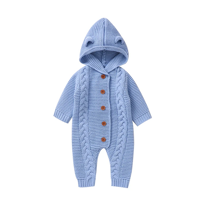 Blue hooded baby jumpsuit with cable-knit front panels and contrasting buttons