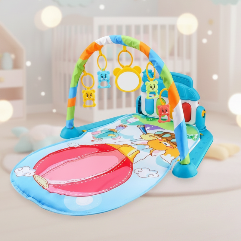 Blue baby play gym with a hot-air balloon mat and a multicolored toy arch