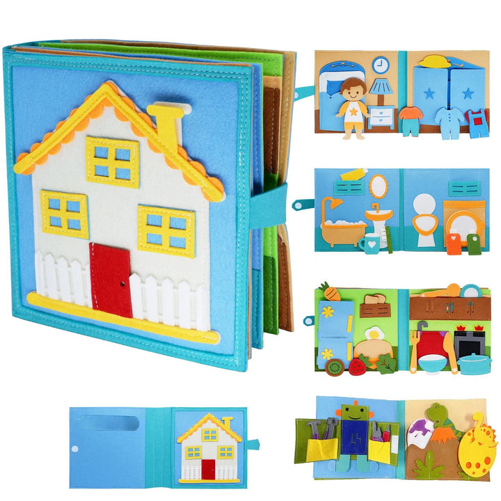 Blue house-cover activity book with previews of bedroom, bathroom, kitchen, robot, and dinosaur pages