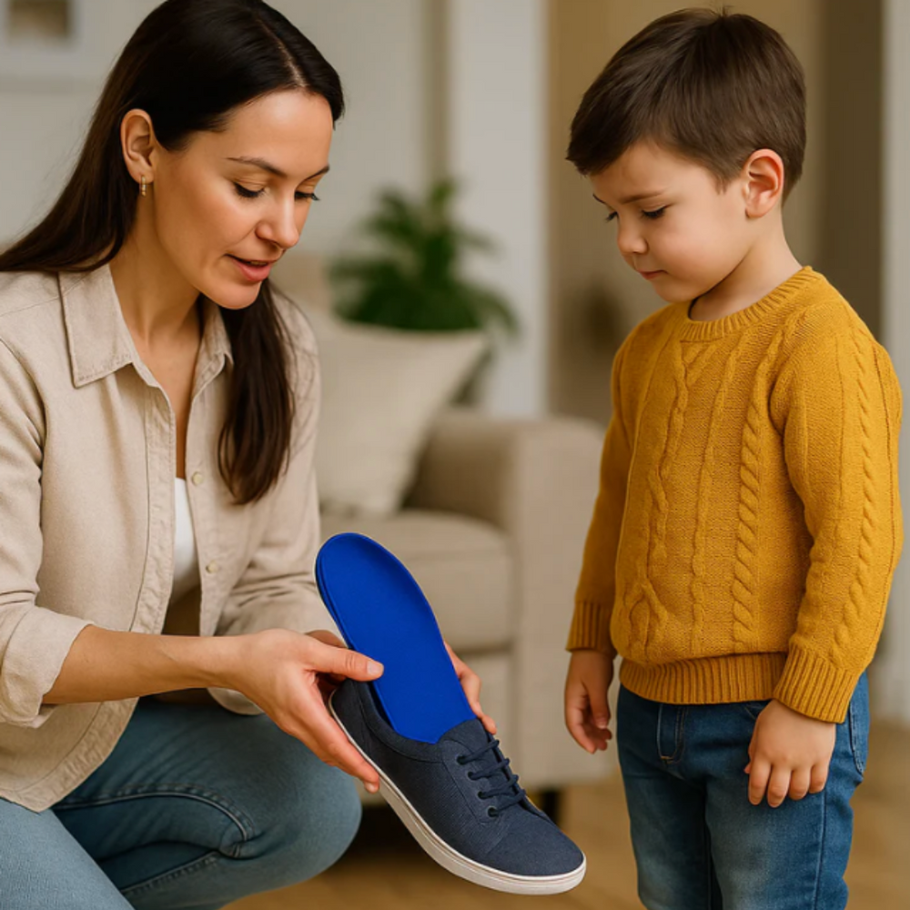 Woman placing a blue insole into a child's sneaker while a boy watches