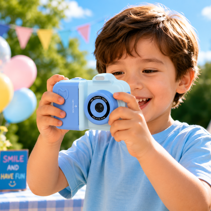 Boy holding a blue instant-print camera at an outdoor party