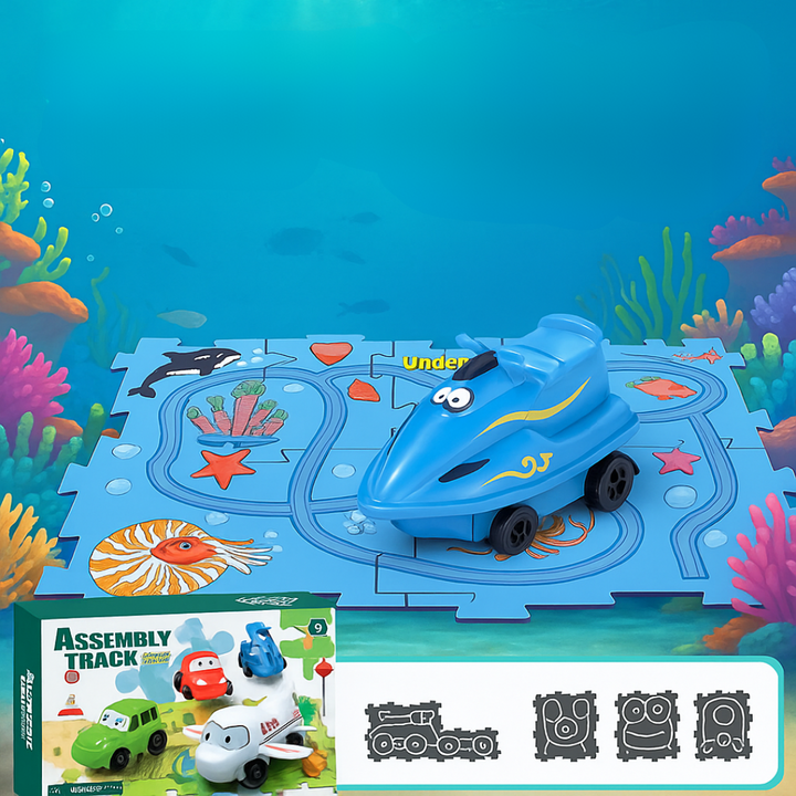 Blue toy jet ski on an ocean-themed puzzle track with route layout examples
