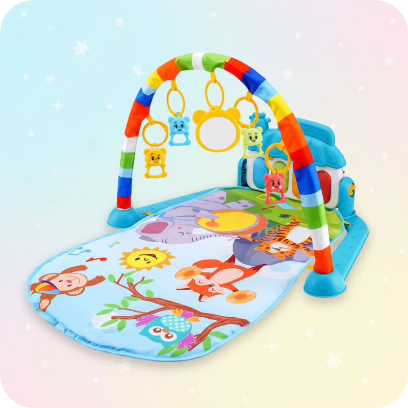Blue baby play gym with a jungle animal mat and a bright striped arch