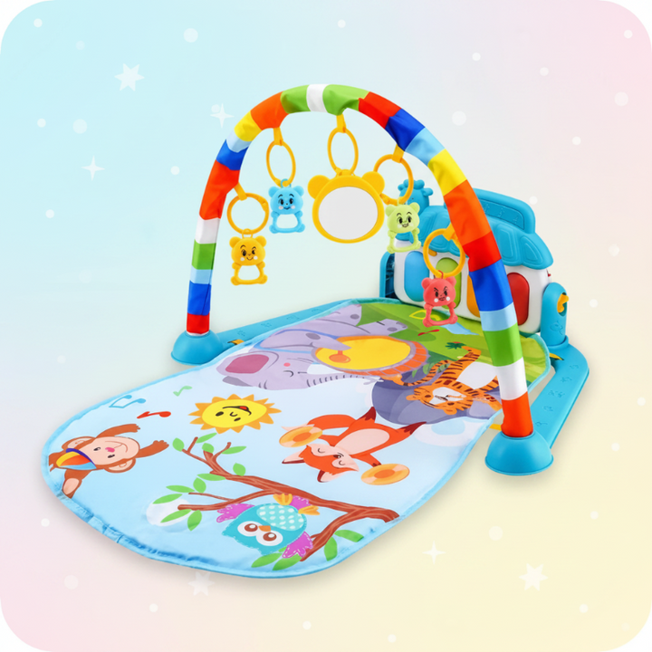 Blue baby play gym with a jungle animal mat and a bright striped arch