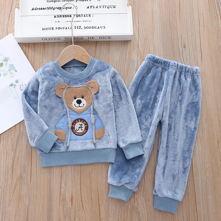 Blue bear sweatshirt and matching pants with an elastic waistband and ribbed cuffs