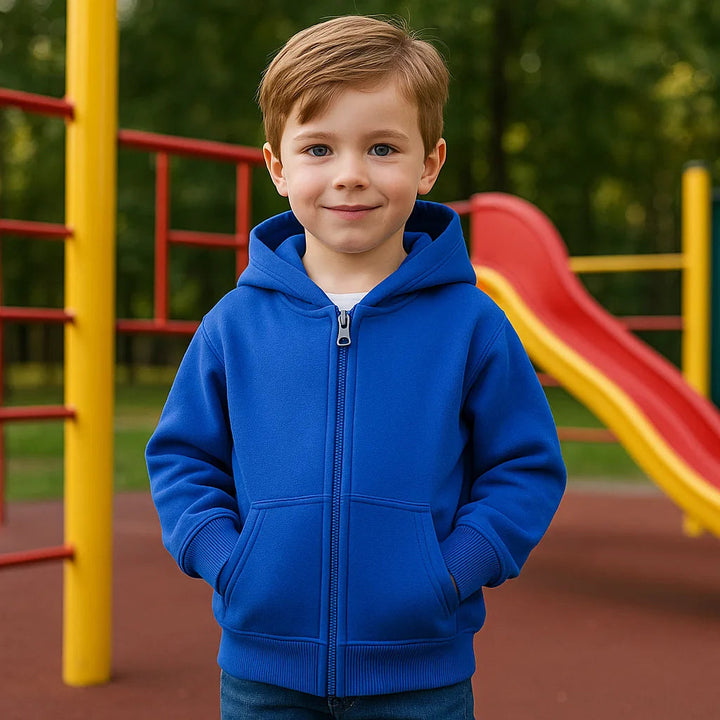 Child wearing a blue zip-up hoodie beside a playground slide.
