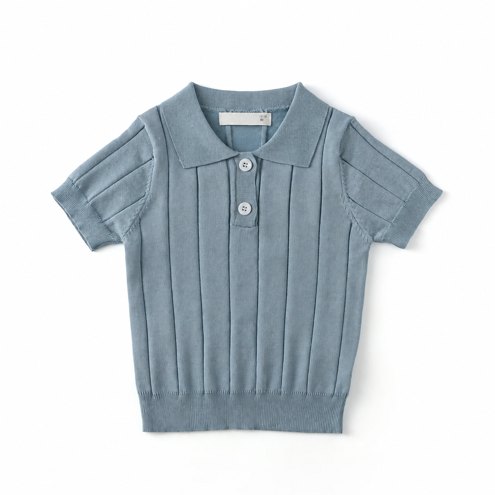 Blue kids' knit polo shirt with short sleeves, a two-button placket, and ribbed hem