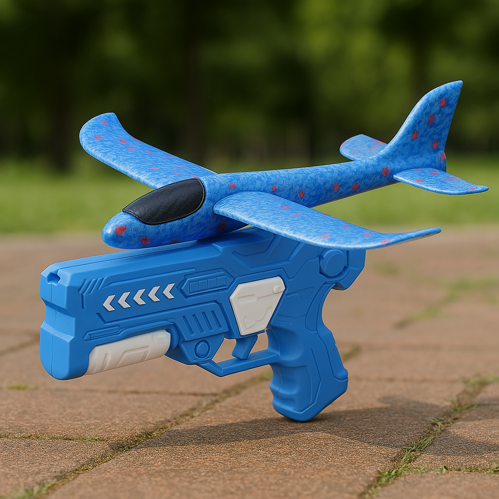 Blue launcher with white accents holding a blue foam airplane outdoors