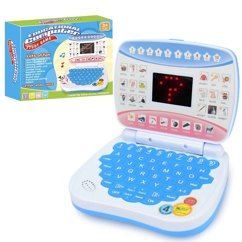 Blue learning laptop shown open beside its retail box