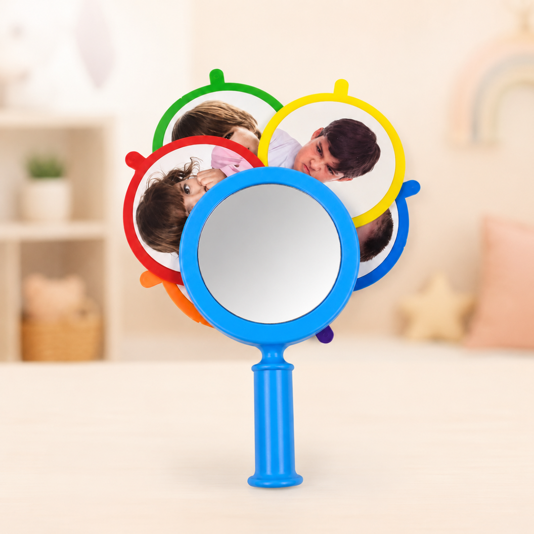 Blue handheld learning mirror with colorful facial expression cards fanned behind it