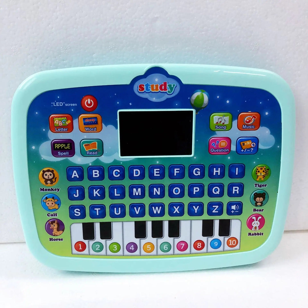 Blue learning toy tablet with alphabet buttons, animal pictures, and colorful number keys