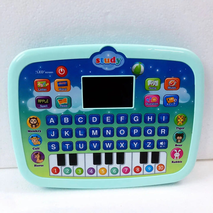 Blue learning toy tablet with alphabet buttons, animal pictures, and colorful number keys