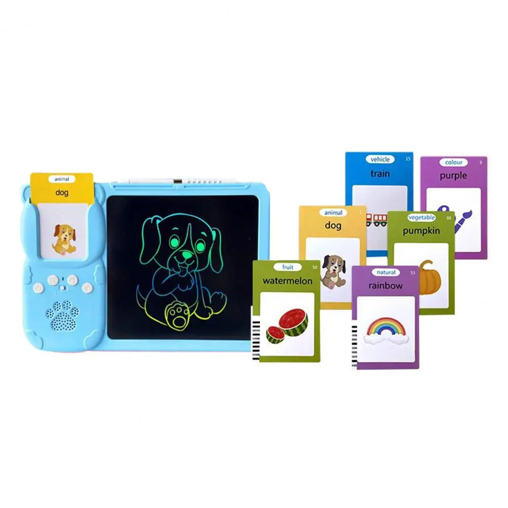 Blue learning tablet with a dog drawing and illustrated word cards