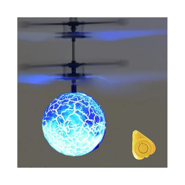 Blue LED flying ball with white rotor blades and a yellow remote
