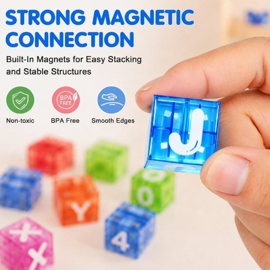 Hand holding a translucent blue magnetic cube with a white letter J