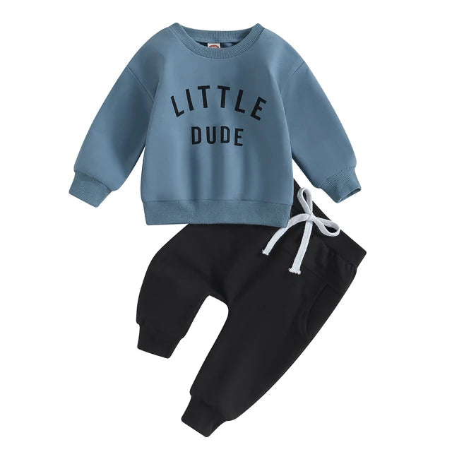 Blue Little Dude sweatshirt paired with black drawstring pants