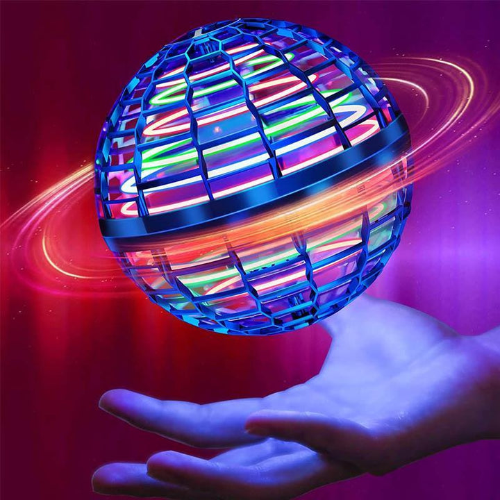 Blue mini drone ball with colorful lights shown above an open hand