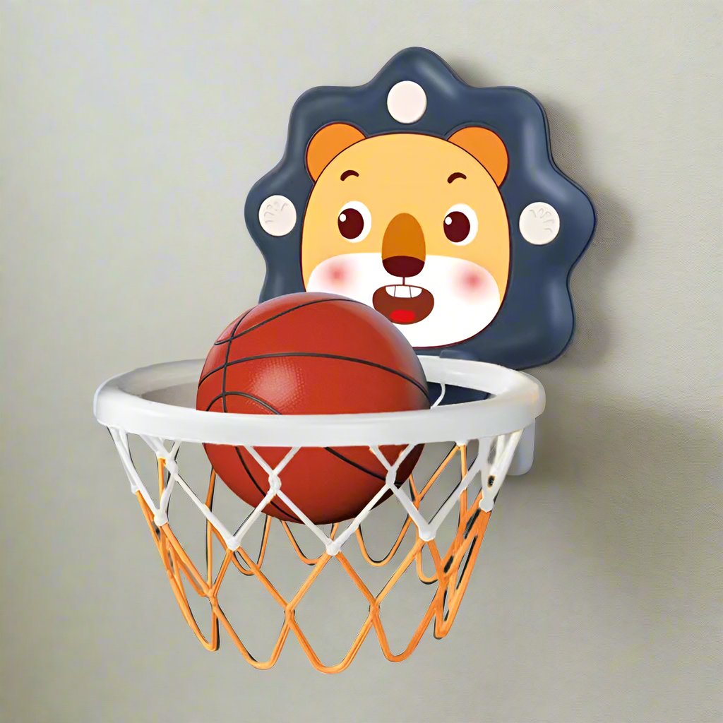 Blue lion basketball hoop mounted on a wall with a red ball resting in the rim