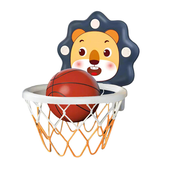 Blue lion-shaped mini basketball hoop with a red ball and white-and-orange net