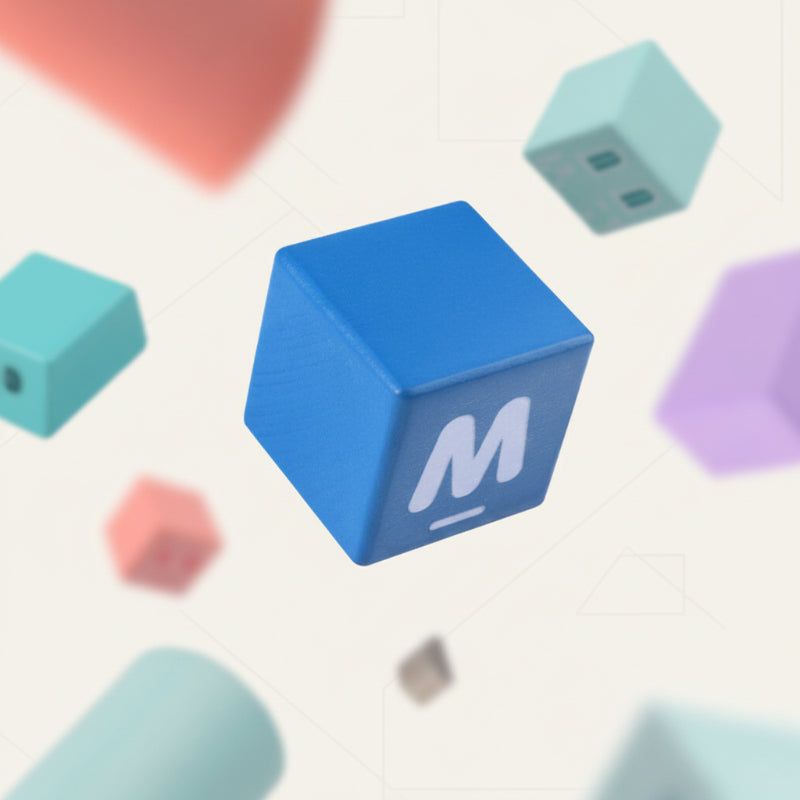 Blue wooden alphabet block with the letter M among colorful block shapes