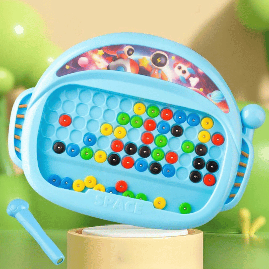 Blue magnetic drawing board with colorful beads and a matching pen