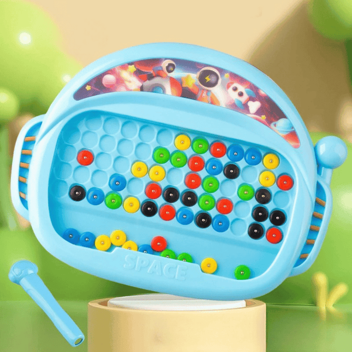 Blue magnetic drawing board with colorful beads and a matching pen