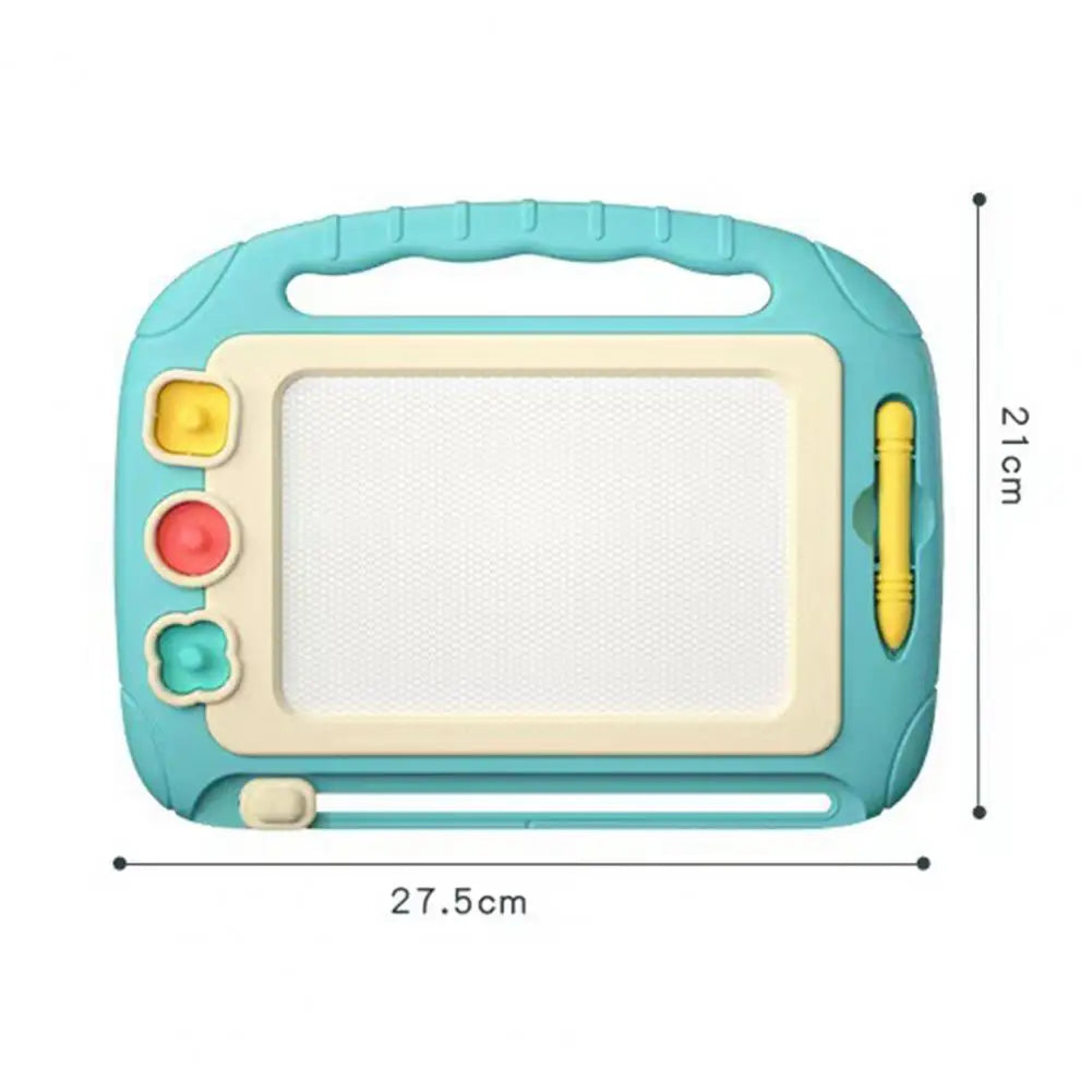 Blue magnetic drawing board with width and height measurements shown