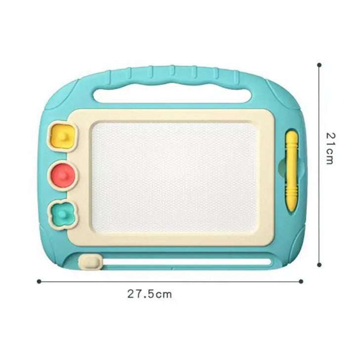 Blue magnetic drawing board with width and height measurements shown