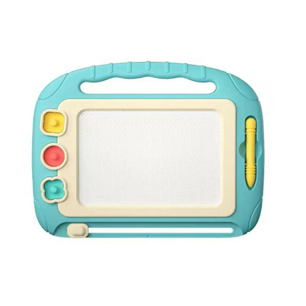 Blue magnetic drawing board with a blank screen, stylus, and three shape stamps