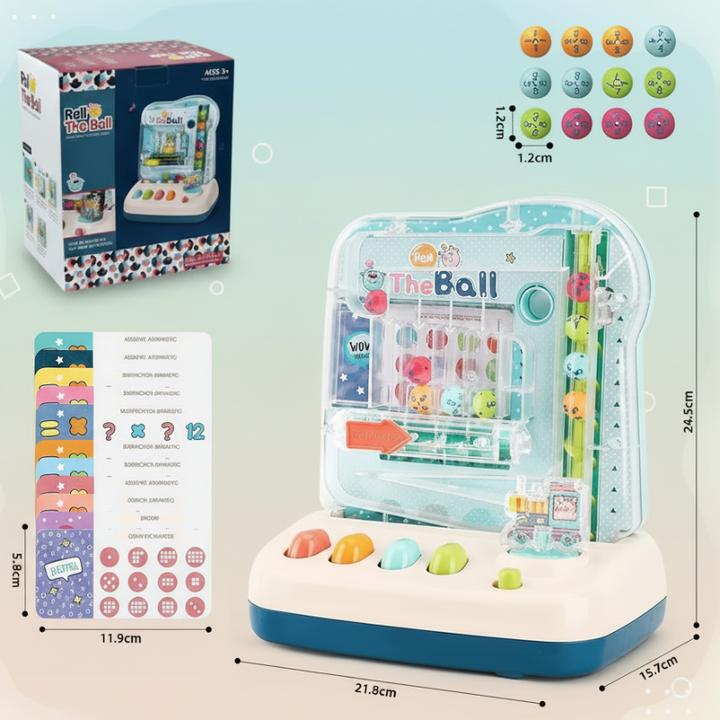 Blue manual math track game with box, cards, counting balls, and measurement guides