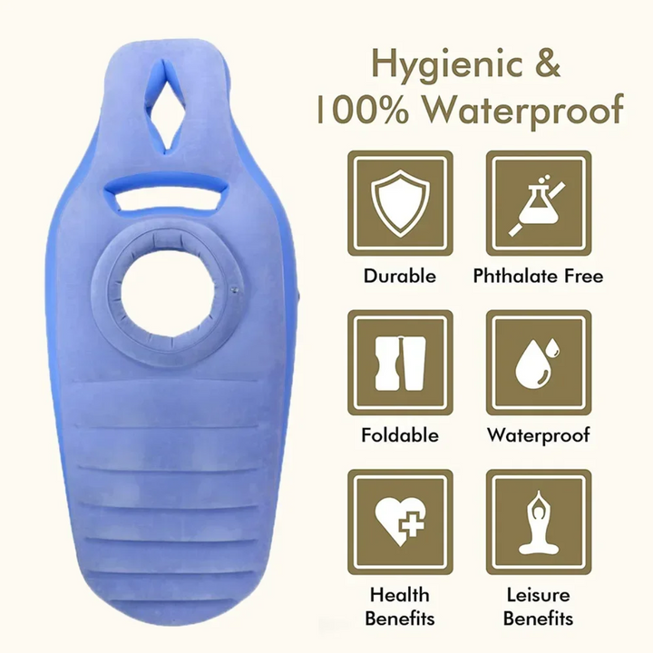 Blue inflatable pregnancy pillow shown beside a set of feature icons