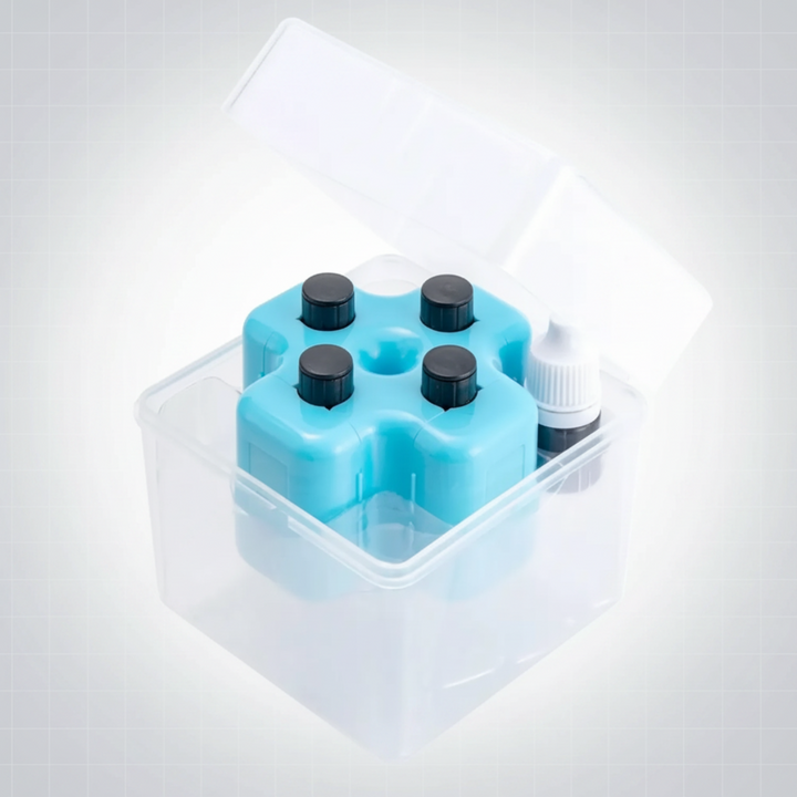 Blue math roller set and ink bottle in an open clear storage case.