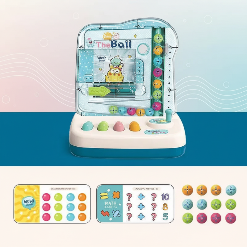 Blue ball-track math game with sample number and pattern cards and 12 counting balls