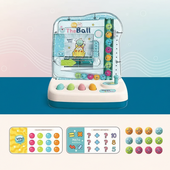 Blue ball-track math game with sample number and pattern cards and 12 counting balls