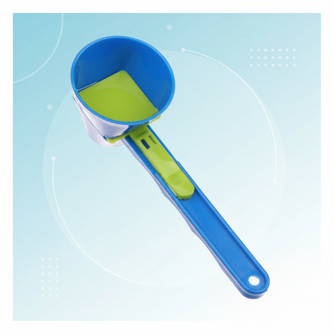 Blue measuring scoop with a green sliding base and long handle
