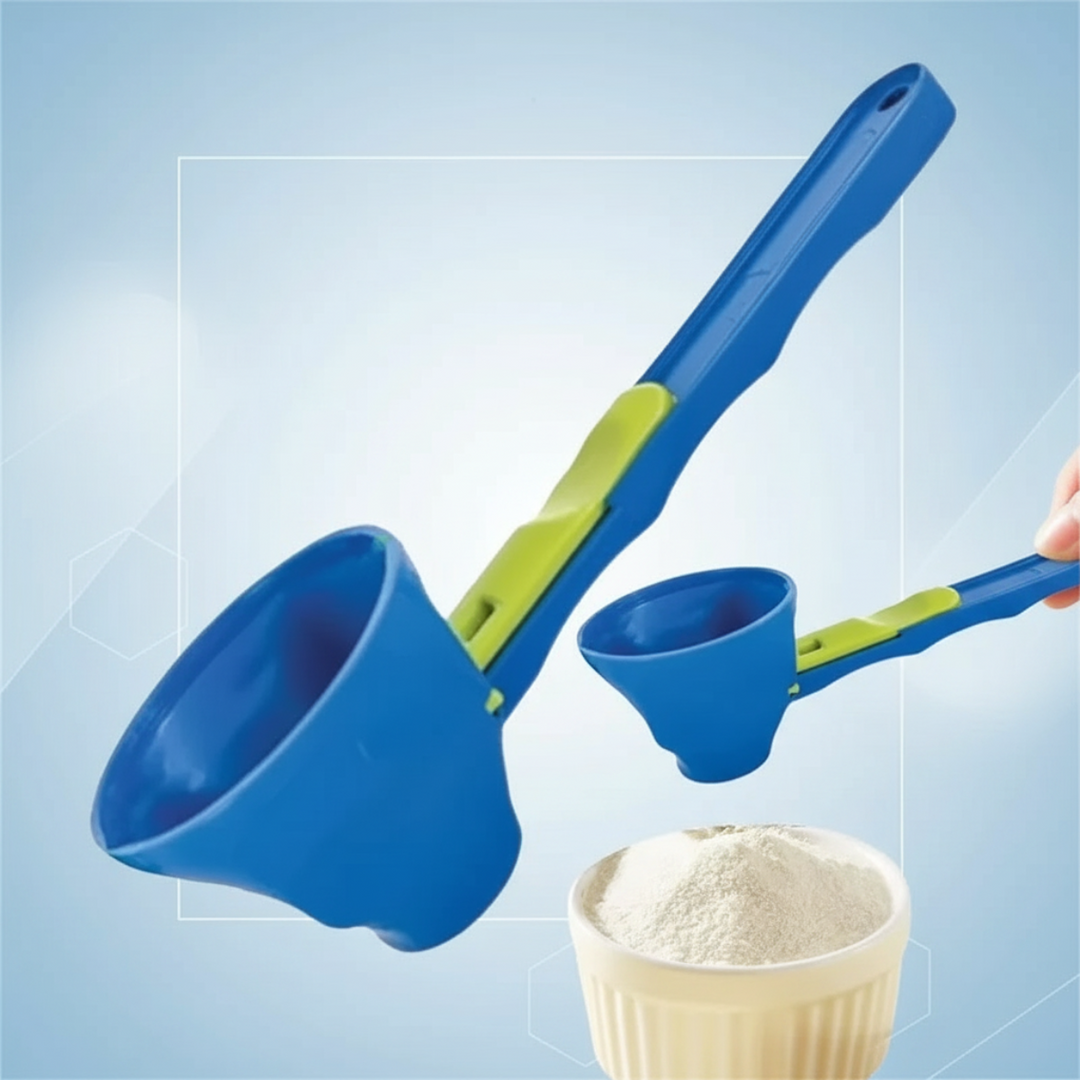 Blue measuring scoop showing its long handle and green sliding control beside a cup of powder