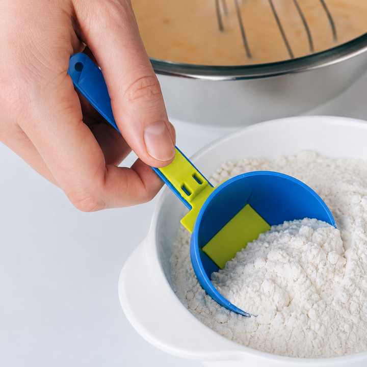 Hand using the blue measuring scoop in a bowl of white powder