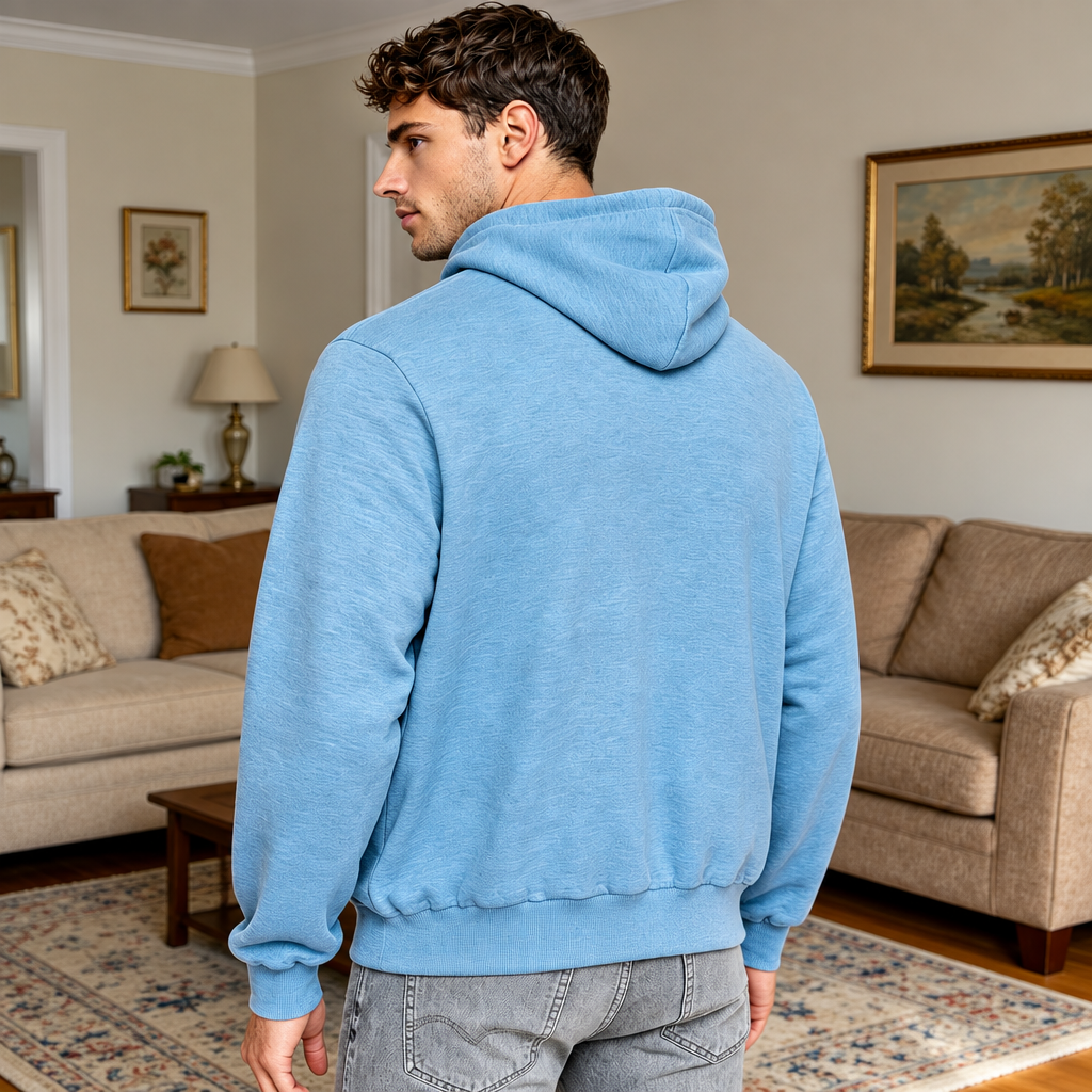 Back view of a man wearing the blue long-sleeve hoodie