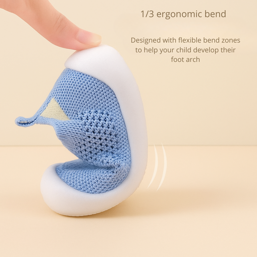 A blue mesh sneaker bent by hand to show its flexible sole.