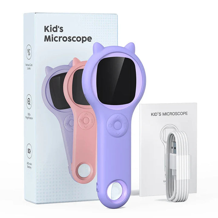 Blue handheld microscope displayed with its box, USB cable and instruction booklet