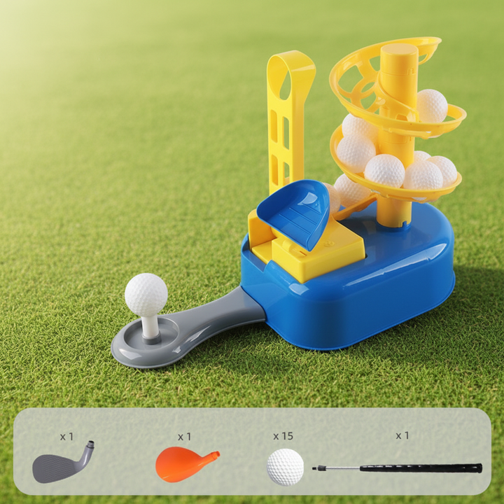Blue and yellow mini golf set with 15 balls, one club shaft, and two club heads shown below