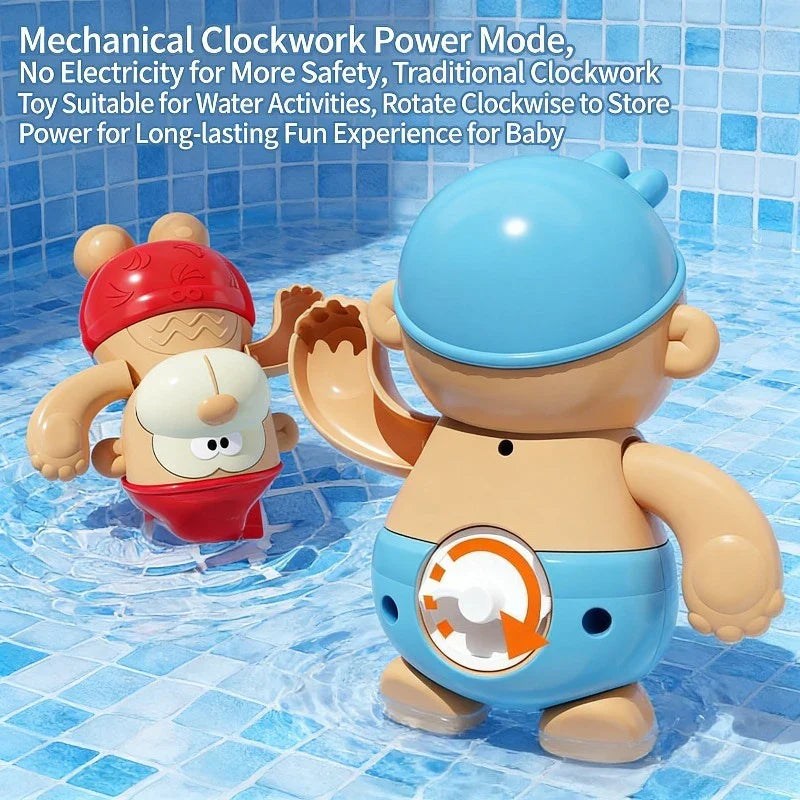 Back view of the blue monkey bath toy showing its wind-up key beside a red version