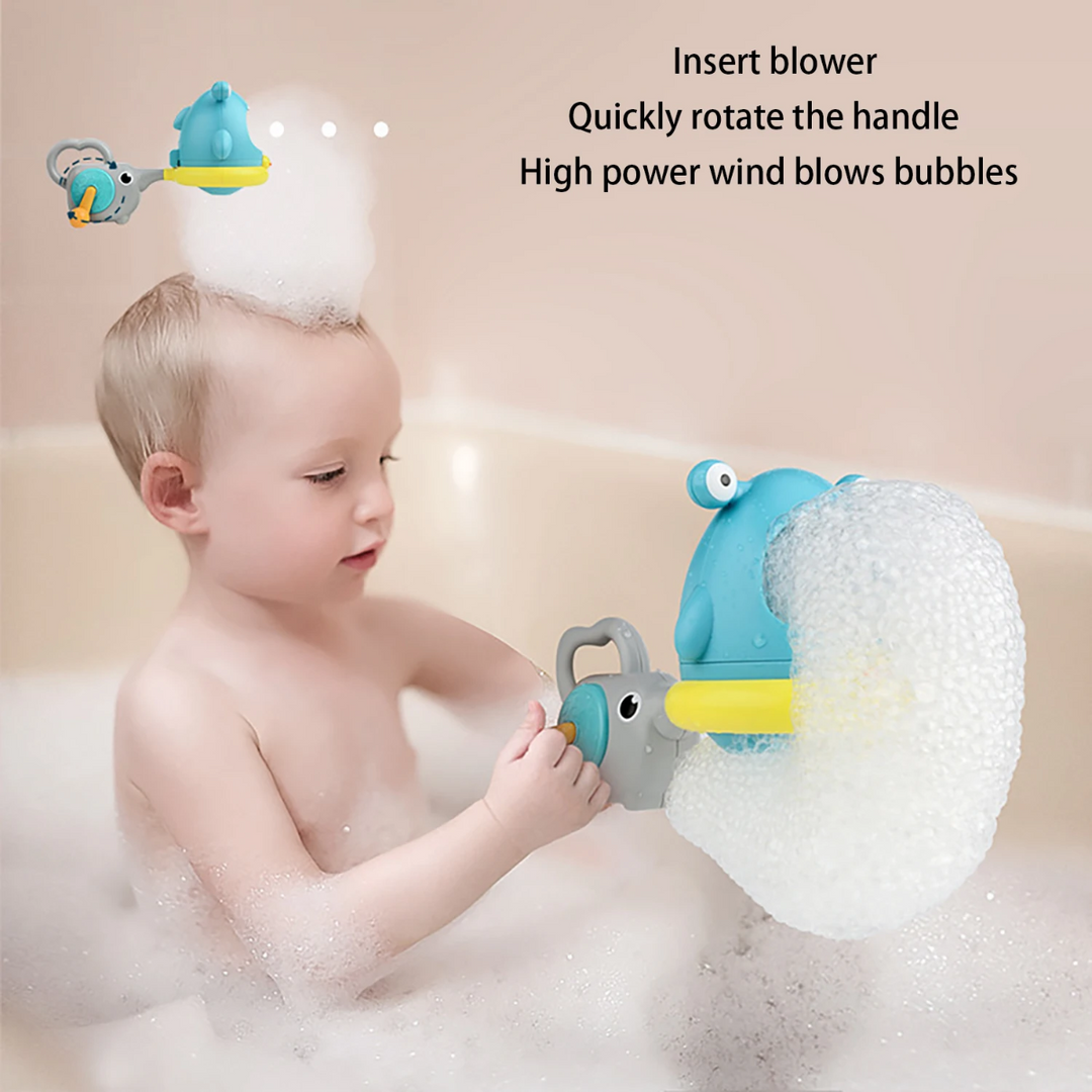 Child using the hand-crank blower to make foam with the blue monster bath toy